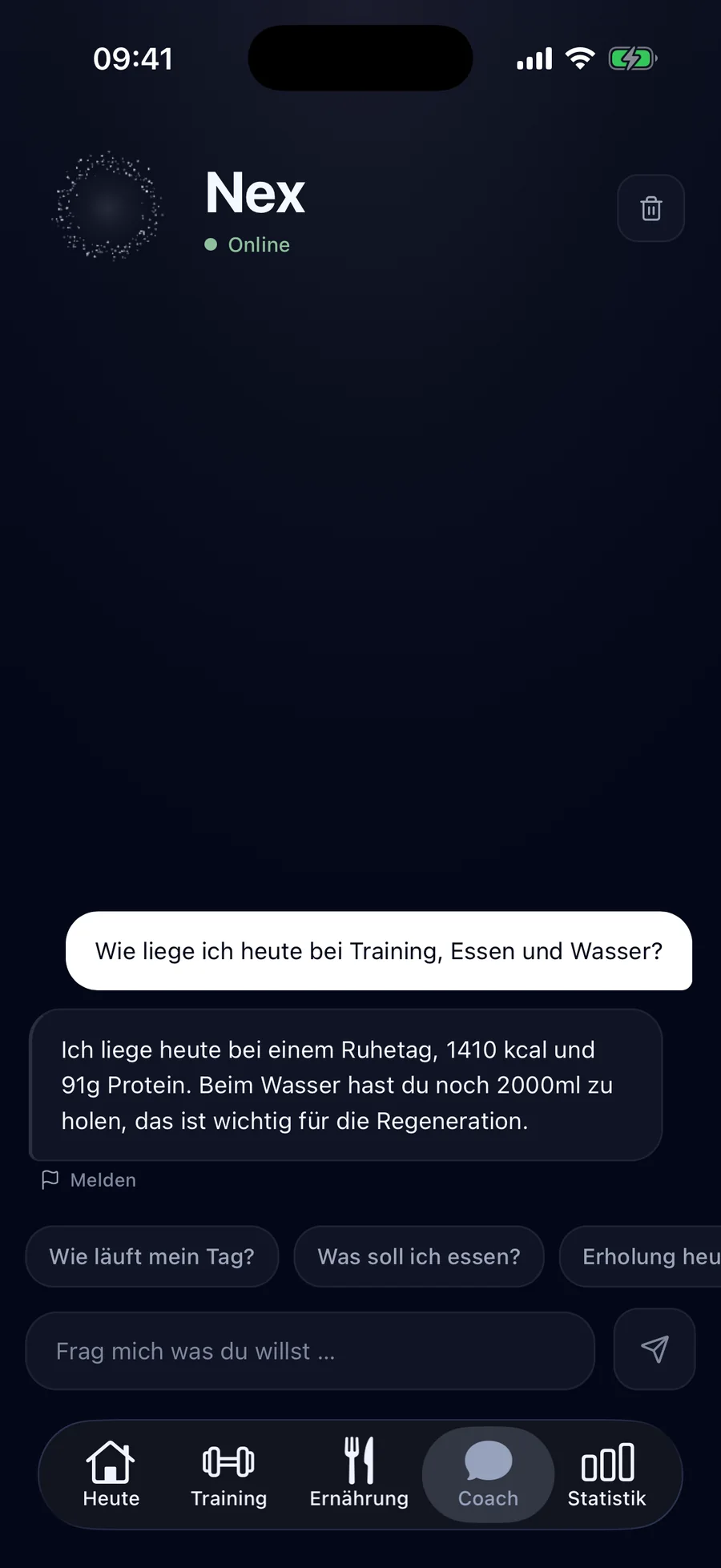 Coach Nex fasst Training, Essen und Wasser des Tages zusammen