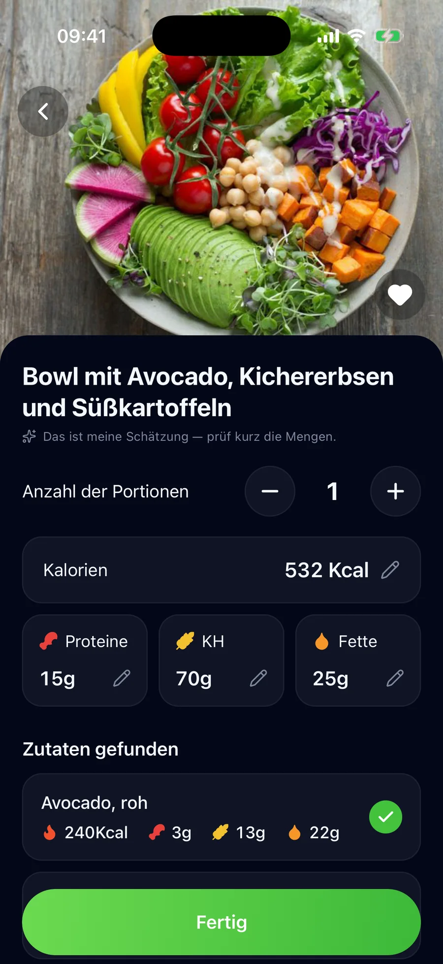 Scan-Ergebnis: Bowl mit Kalorien, Protein, Kohlenhydraten, Fett und Zutaten